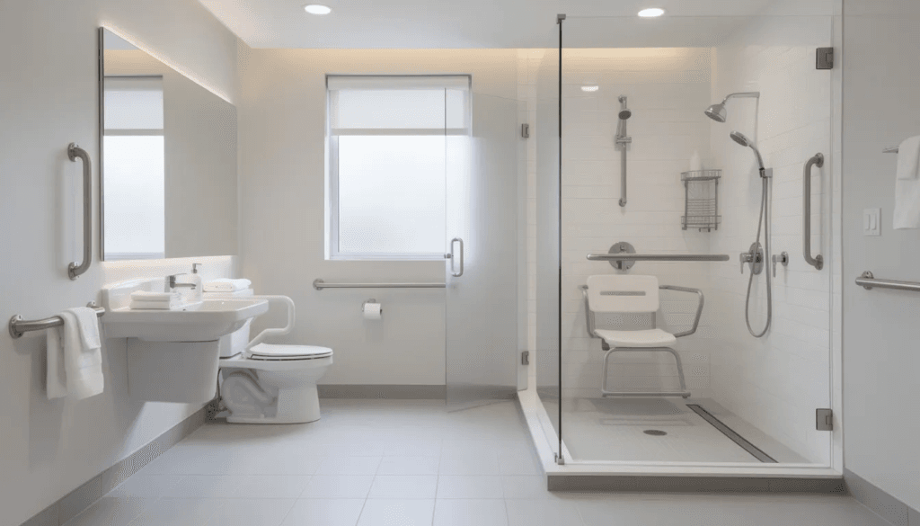 The image depicts a bright and accessible bathroom interior featuring a spacious walk in shower equipped with grab bars for safety This design emphasizes comfort and functionality making it ideal for multigenerational living or for those seeking a perfect home in California