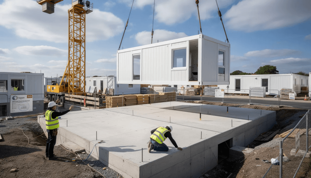 A construction crane is carefully placing a prefab modular unit onto a concrete foundation showcasing the entire process of building accessory dwelling units or granny pods designed for multigenerational living in California This image highlights the precision and professionalism involved in creating quality tiny homes that accommodate loved ones while maximizing outdoor spaces and reducing expenses