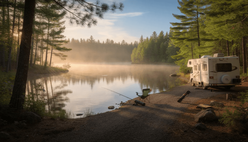 A motorhome is parked beside a serene lake in Minnesota surrounded by tall pine trees creating a peaceful outdoor setting The scene captures the essence of an RV lifestyle in the natural beauty of the state