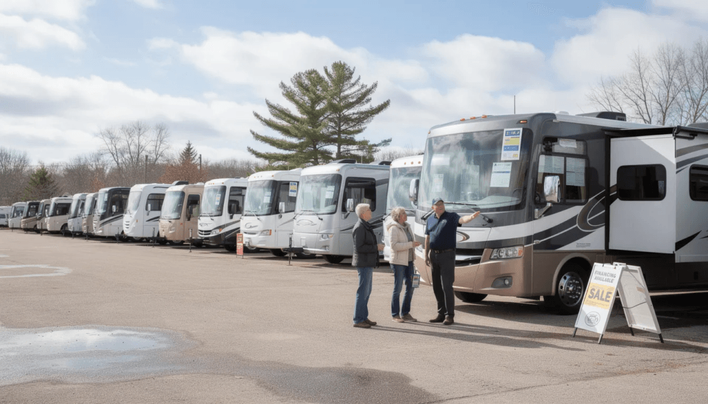 The image depicts a variety of RVs for sale in Minnesota showcasing different models and brands available for purchase The setting suggests a dealership environment possibly in the Twin Cities area with a focus on family friendly options and features