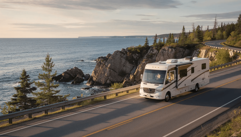 An RV is driving along a scenic highway with the picturesque Lake Superior in the background showcasing the beauty of Minnesota The image captures the essence of travel and adventure perfect for families looking to explore the great outdoors