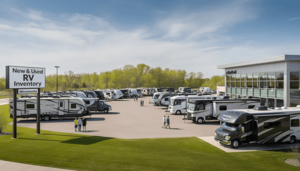 The image showcases a variety of new and used RVs available in Minnesota highlighting different brands and models for potential buyers It emphasizes the security services in place to protect against malicious bots while users browse the inventory on the website