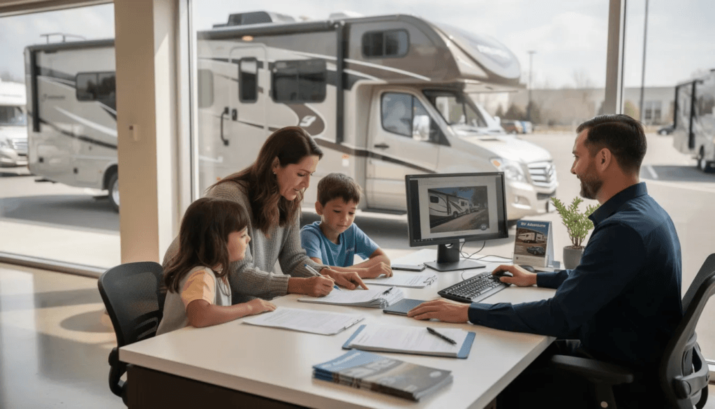 A family is gathered around a dealership desk reviewing paperwork while an RV is visible through the window The scene captures a moment of anticipation as they prepare to finalize their purchase in Minnesota