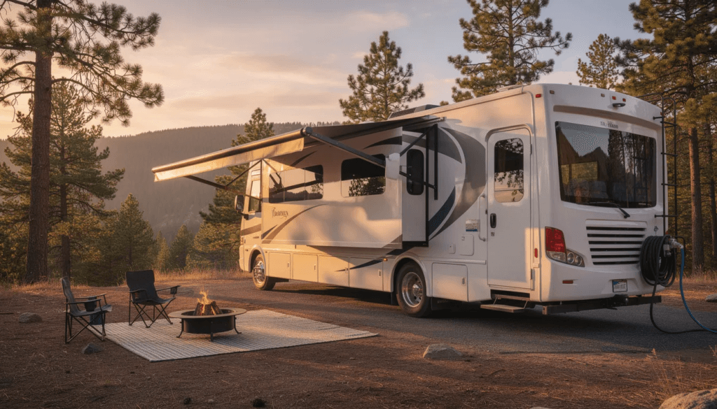 An RV is parked in a scenic location showcasing its spacious exterior and various features ideal for family adventures This image highlights the model's design, perfect for those searching for RVs for sale in Minnesota, particularly in the Twin Cities area.