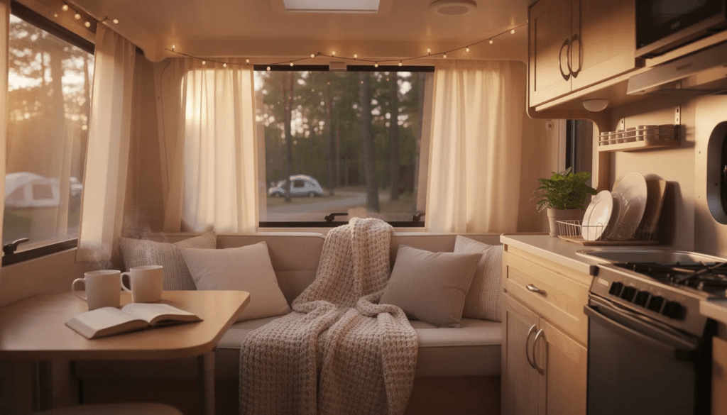 The image features a cozy RV surrounded by lush greenery suggesting a perfect getaway for a family or individual The inviting interior showcases comfortable seating and warm lighting ideal for relaxation while on the road in Minnesota