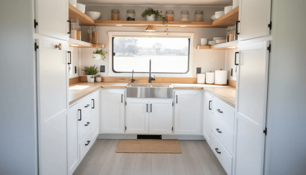 The image features a bright and inviting renovated RV kitchen showcasing white cabinets with sleek cabinet doors open shelving filled with kitchen essentials and warm butcher block countertops perfect for tiny living and full time adventures on wheels This small space embodies the charm and functionality of modern RV renovation making it an ideal setup for cooking and gathering