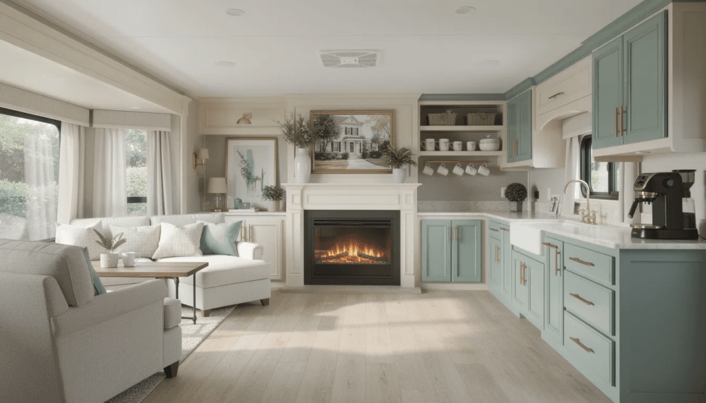 This image showcases a beautifully renovated fifth wheel inspired by Southern Glam and Charleston featuring new LVP flooring and painted cabinets in coordinated tones The cozy interior includes an electric fireplace residential style furniture and a wrap around kitchen with a dedicated coffee bar creating a warm and inviting space perfect for full time living in a renovated RV