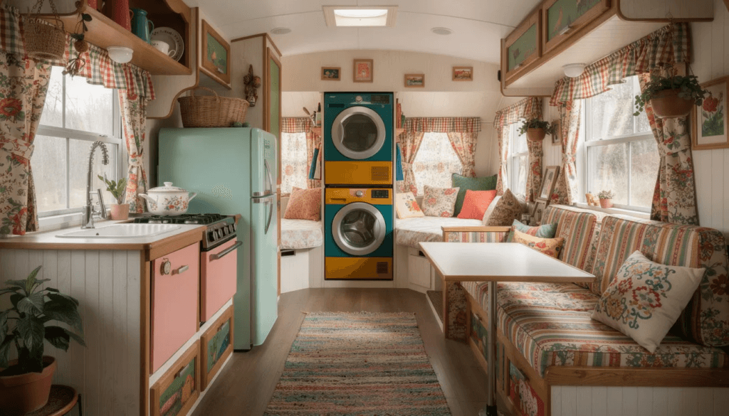 A vibrant maximalist cottage RV trailer features bold colors pastel appliances and patterned curtains creating a cozy yet eclectic living space The design incorporates multi use furniture and hidden storage making it ideal for tiny living and full time RV renovation