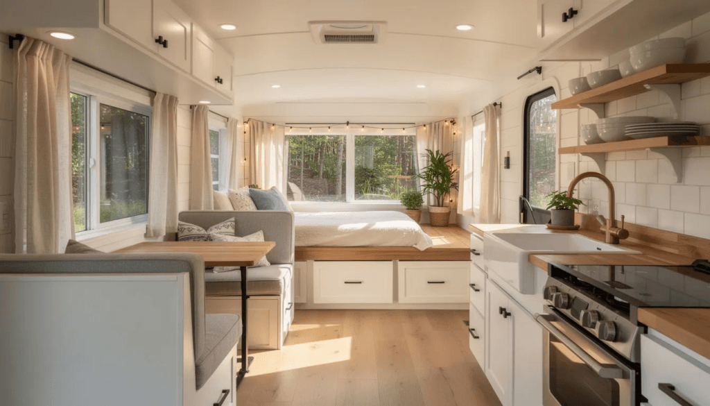 The image showcases a beautifully renovated RV interior featuring modern furniture and updated cabinetry that exemplify the concept of tiny living Bright colors and stylish decor create a cozy atmosphere perfect for full time living or weekend getaways