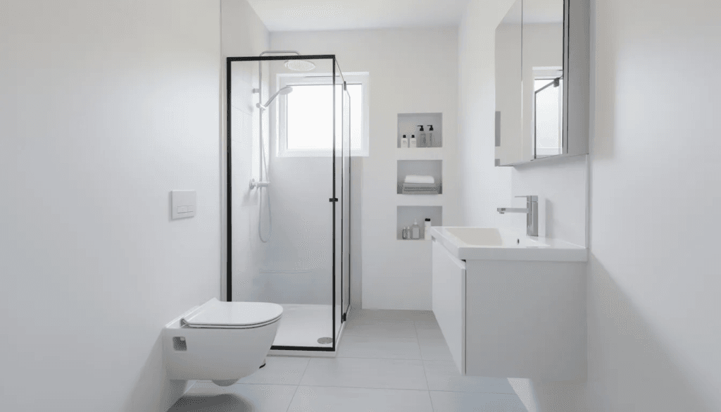 The image depicts a modern tiny house bathroom featuring white walls and compact fixtures designed for efficient use of space It showcases an incinerator toilet that efficiently manages waste through a burn process making it a practical solution for off grid living