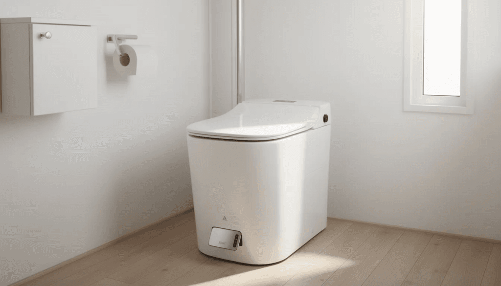 The image features a compact tiny house incinerator toilet designed for off grid living This propane powered unit efficiently processes waste through a burn cycle converting it into sterile ash making it an ideal solution for tiny homes and cabins without traditional plumbing or septic systems