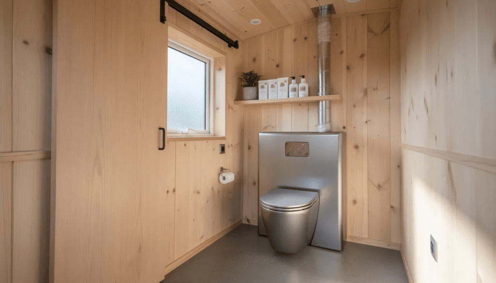 The image depicts a modern incinerator toilet installed in a tiny house showcasing its sleek design and compact size This propane powered unit efficiently handles waste through a burn process converting it into sterile ash making it a practical solution for off grid living