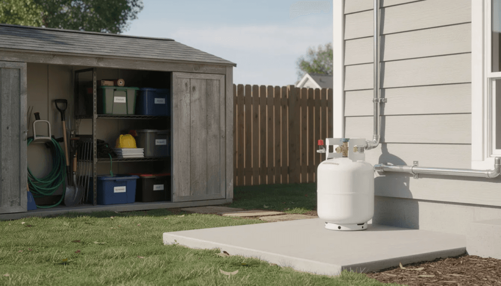 The image depicts a compact propane tank setup positioned beside an outdoor storage area showcasing a practical solution for off grid cabins This setup is ideal for powering propane toilets including incinerator toilets and helps manage waste efficiently without reliance on traditional septic systems