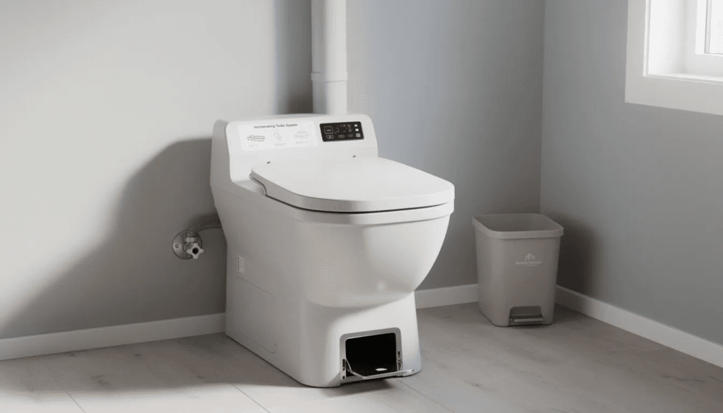 The image depicts a modern incinerator toilet specifically the Cinderella Freedom model designed for off grid living in tiny homes or cabins It features a sleek design with an ash container at the base showcasing its waste incineration process that converts waste into sterile ash eliminating the need for a septic system or traditional plumbing