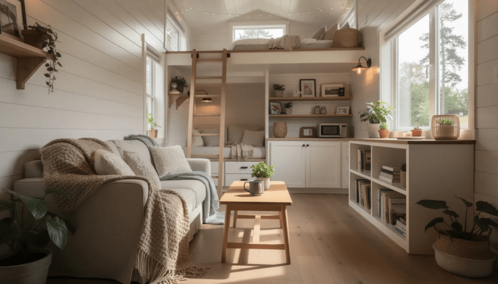 The image shows the interior of a cozy tiny house living space filled with natural light streaming through large windows The warm and inviting atmosphere features a compact layout emphasizing a minimalist lifestyle often found in off grid cabins complete with a cinderella freedom incinerator toilet for efficient waste management
