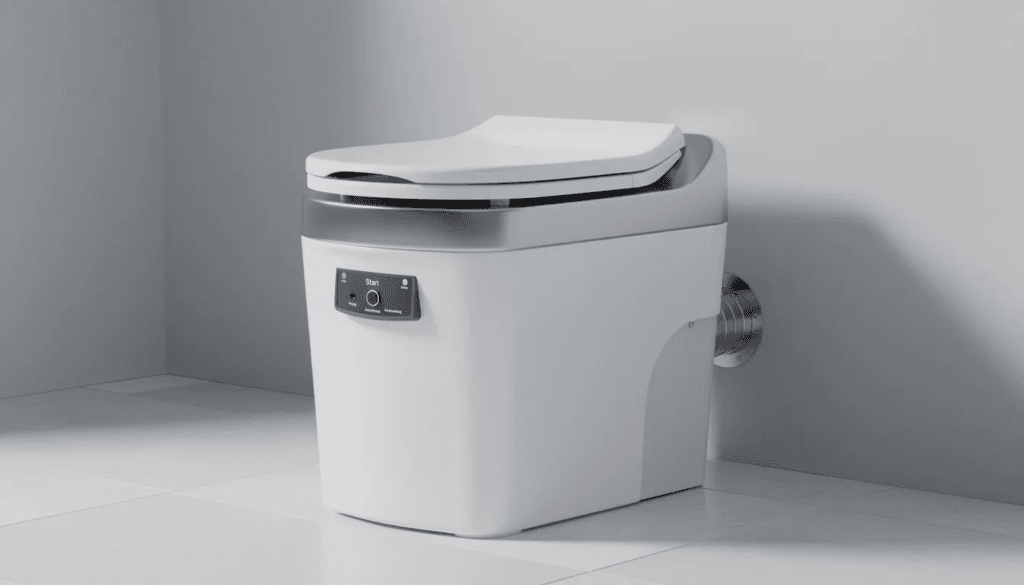 The image depicts a modern incinerator toilet specifically the Cinderella Freedom model designed for tiny homes and off grid cabins It features a sleek design with an ash container and is powered by propane showcasing its efficient burn process for waste management without the need for a traditional septic system