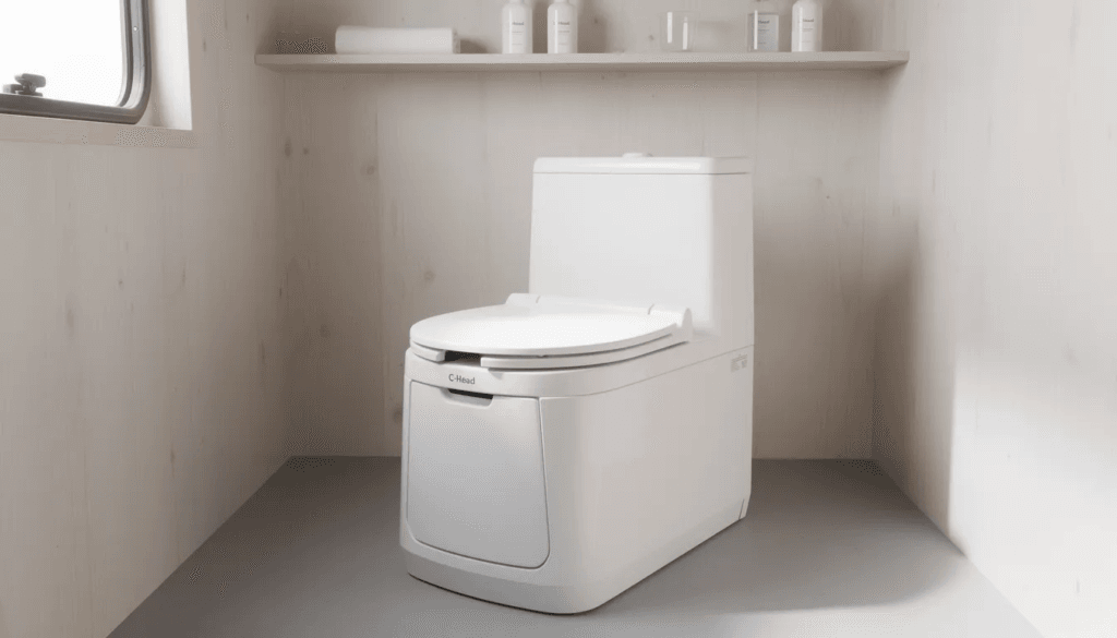 The image showcases a compact C Head composting toilet designed for efficient waste management in tiny houses vans and boats It features a urine diverter that separates liquid and solid waste promoting a clean and odor free solution for users