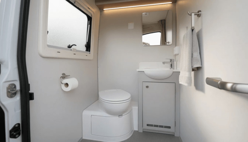 The image shows the interior of a small camper van bathroom featuring a compact composting toilet installation likely a C Head or Nature's Head toilet. The setup includes a urine diverter and is designed for efficient waste management while traveling, making it an ideal solution for tiny houses and vans.
