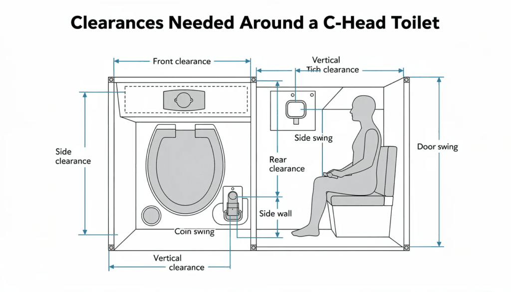 The image illustrates the clearances needed around a C Head composting toilet highlighting the required space for optimal installation This compact toilet designed for tiny houses boats and vans features a urine diverter and is intended for users looking for a clean solution for solid waste management