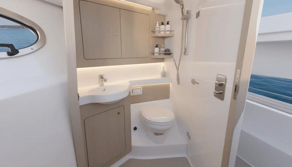 The image shows the interior of a small boat cabin from the side featuring compact bathroom fixtures including a c head composting toilet This efficient design utilizes a urine diverter and a composting medium for managing waste making it ideal for tiny houses and boats