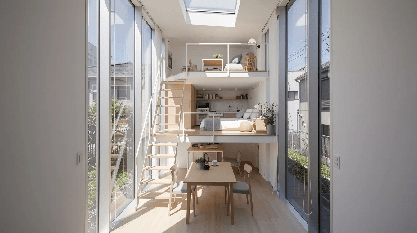 0046abebf30b4e03a6faf97d6b67d89e The image showcases the 18 m Width House designed by YUUA Architects Associates in Tokyo characterized by its ultra narrow facade and innovative use of multi split levels Inside the open space features floating floors and skylights that allow natural light to illuminate the living areas creating a sense of sufficient space within the limited floor space of this small house