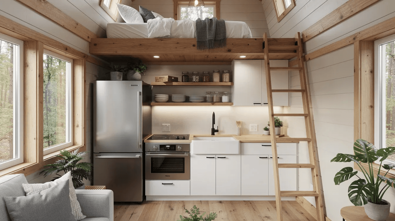 The image depicts the interior of a tiny house featuring a compact kitchen equipped with modern appliances and a cozy loft bedroom above showcasing the smart design and efficient use of space typical in tiny home living Natural light floods the area highlighting the premium materials and thoughtful details that make this tiny house an ideal choice for those seeking a self sufficient lifestyle