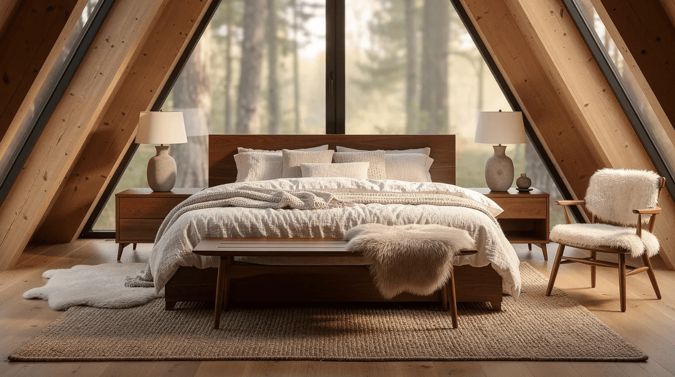 02519a490f924acebc51c5b0f9b68a57 The image depicts a cozy A frame bedroom featuring natural wood furniture in warm tones like walnut and oak complemented by soft linen bedding and a wool rug extending beyond the bed The space is adorned with stone lamps and shearling accents creating a welcoming atmosphere perfect for relaxation in this charming vacation home