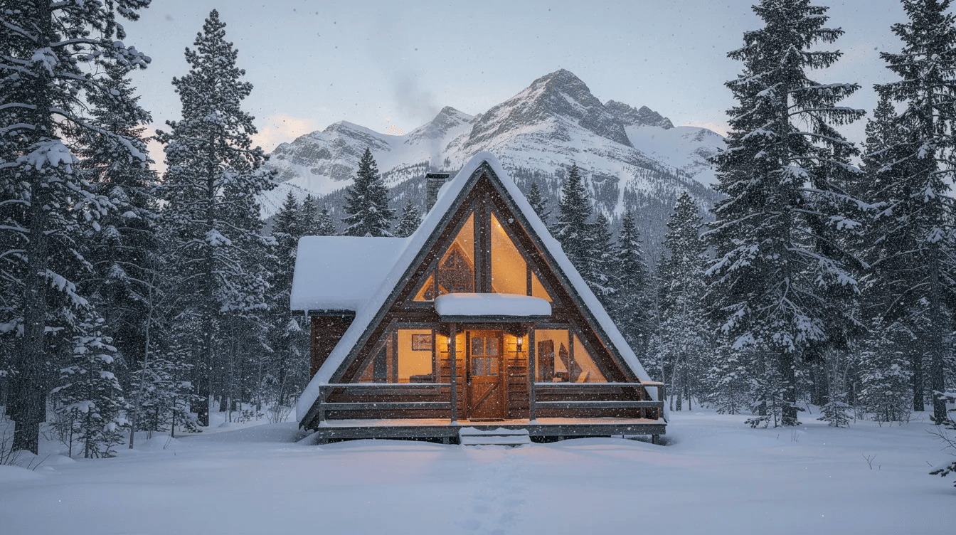 025f29b7cc224b93b65efad5b5287568 A classic wooden A frame cabin with a steeply pitched roof stands amidst tall pine trees in a snowy mountain setting showcasing large windows that invite natural light into the living space This vacation home exemplifies the unique shape and simple construction of modern A frame houses making it a perfect getaway during the winter season