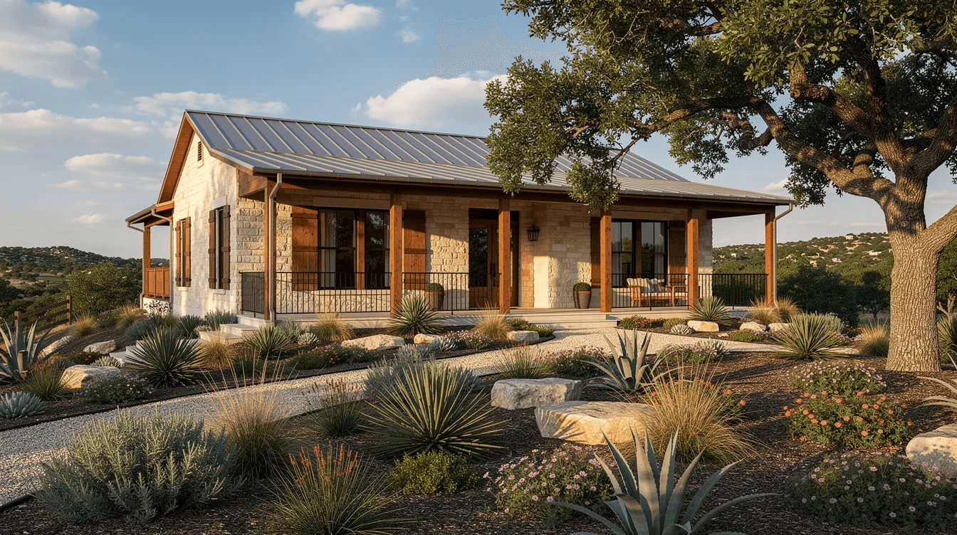 The image depicts a charming limestone Texas Hill Country home featuring deep wrap around porches and native landscaping embodying the essence of country living with its traditional architectural style and modern amenities This inviting country house design offers ample outdoor living space perfect for relaxation and enjoying the natural surroundings