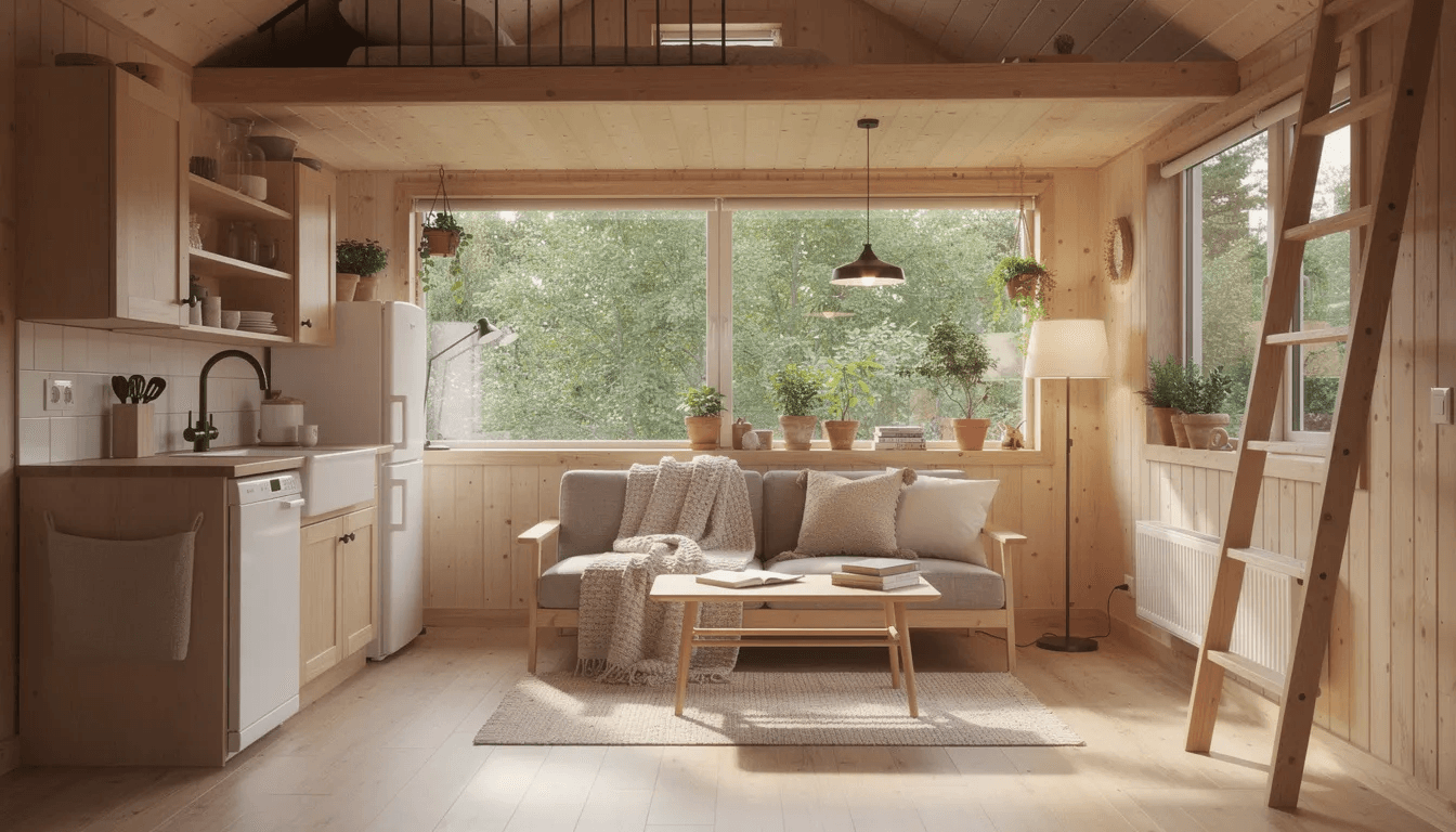 The image depicts a cozy tiny home interior featuring natural wood finishes a compact kitchen and large windows that offer a view of trees outside embodying the essence of tiny living This well engineered tiny home showcases sustainable living practices and a welcoming atmosphere perfect for those pursuing their tiny home dream