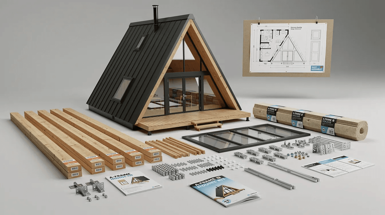 02e326e1cb3741bab9735c71f625f43b The image depicts a modern A frame house kit set against a backdrop of natural surroundings showcasing its steeply pitched roof and large floor to ceiling windows that invite natural light into the living space This charming structure exemplifies a stylish and functional tiny house design ideal for a vacation home or primary residence featuring prefabricated components for efficient assembly