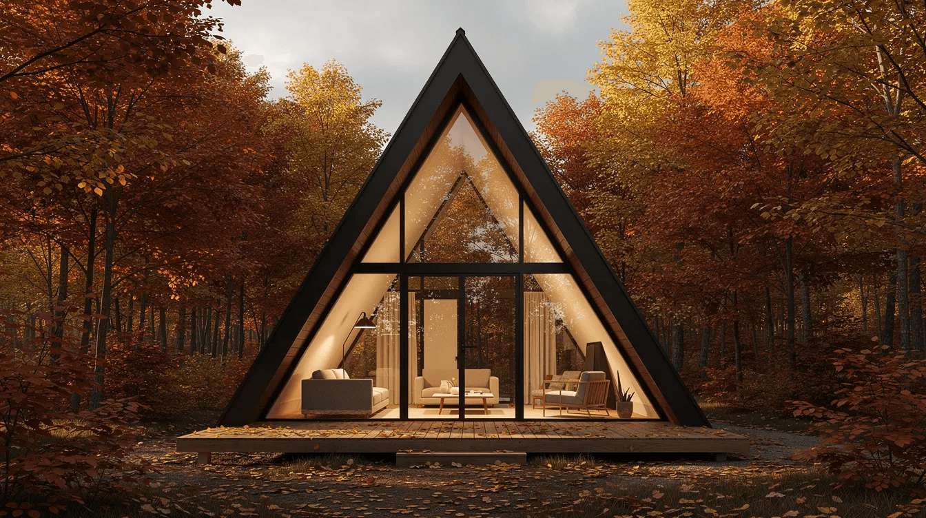 02f3c4b51e804ee488dc61fabe0948fc The image depicts a modern A frame house featuring a striking large glass front wall that allows natural light to flood the living space nestled among vibrant autumn trees This stylish structure with its steeply pitched roof and eco friendly materials embodies the charm of contemporary living while blending harmoniously with its natural surroundings