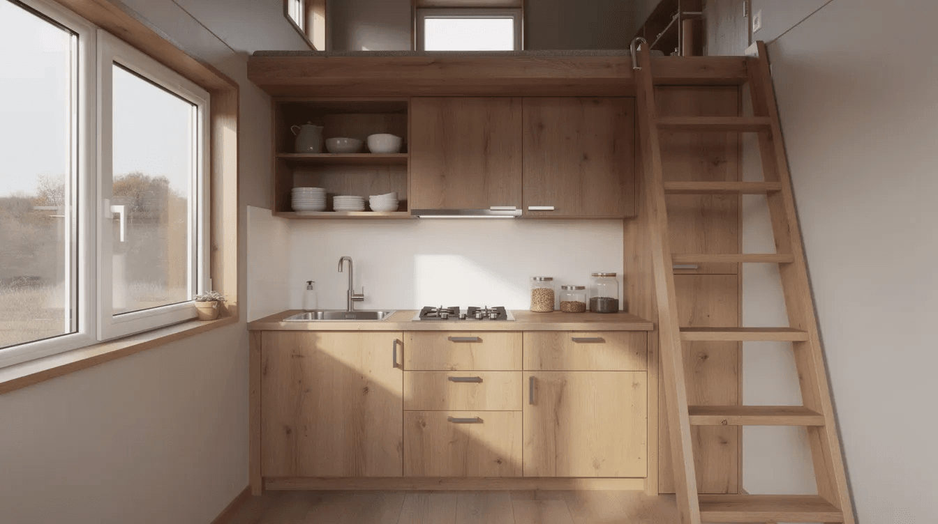 The image depicts the interior of a tiny house featuring a compact kitchen area with wooden finishes illuminated by natural light streaming through the windows This modern design emphasizes efficiency and functionality showcasing great ideas for maximizing space in tiny homes