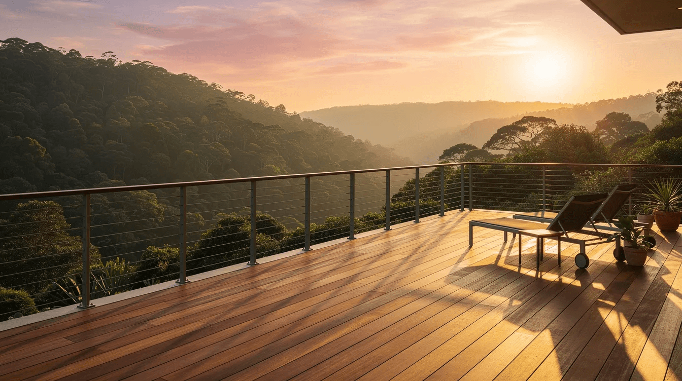 04a5e3b2fce54f5b9a0daf432874b7b3 A modern wooden deck with sleek cable railings extends out over a serene forested valley bathed in the warm hues of sunset This tranquil setting showcases the beauty of nature as the perfect backdrop for a stylish home plan ideal for enjoying the outdoors