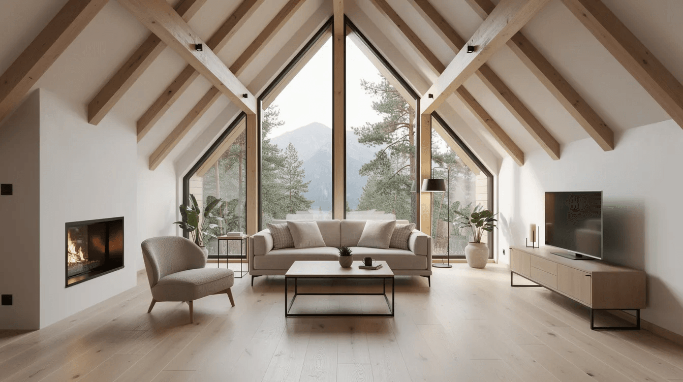 The image showcases a modern A frame interior featuring large windows that allow abundant natural light to fill the space Contemporary furniture enhances the stylish living area creating a cozy yet efficient environment ideal for a dream vacation home