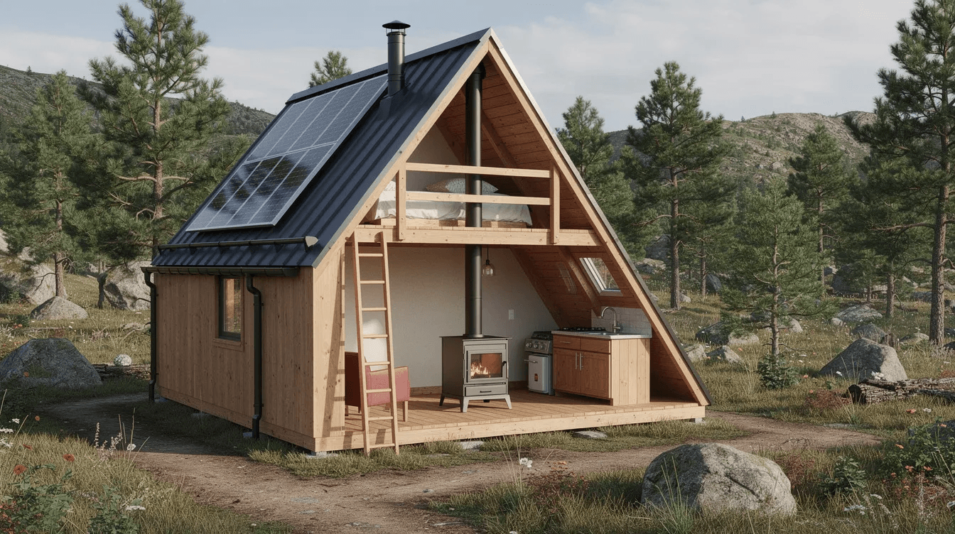 This image depicts a 500 sq ft off grid cabin featuring an open floor plan with a combined living and kitchen area a 5×7 foot bathroom and a sleeping loft accessed by a ladder The a frame structure is designed for energy efficiency and is ideal for remote sites showcasing large windows that invite natural light and a central wood stove for warmth