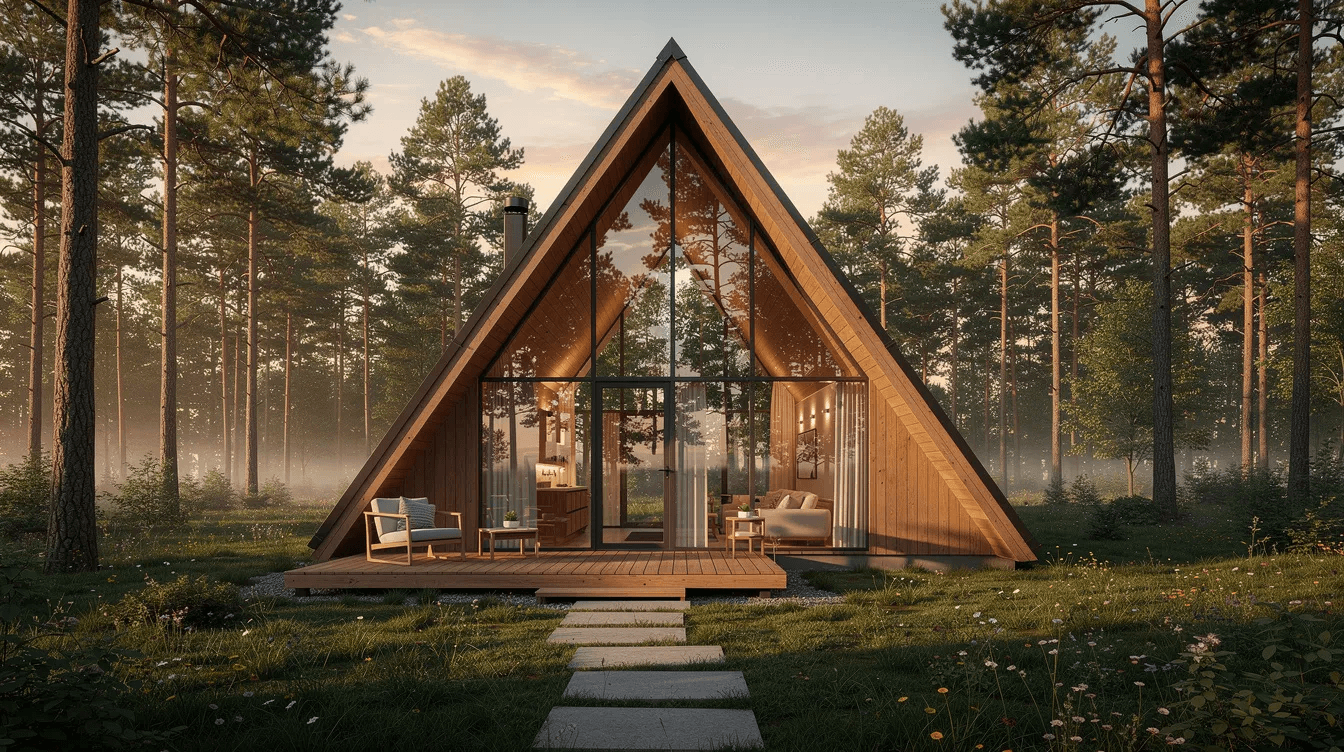 0628e93d7e8b4a2c984acdb042f8749e The image depicts a stunning A frame house nestled in a winter landscape surrounded by heavy snowfall and towering trees This architectural style features large windows that allow natural light to flood the interior showcasing the use of natural materials and energy efficient design in a picturesque vacation home setting