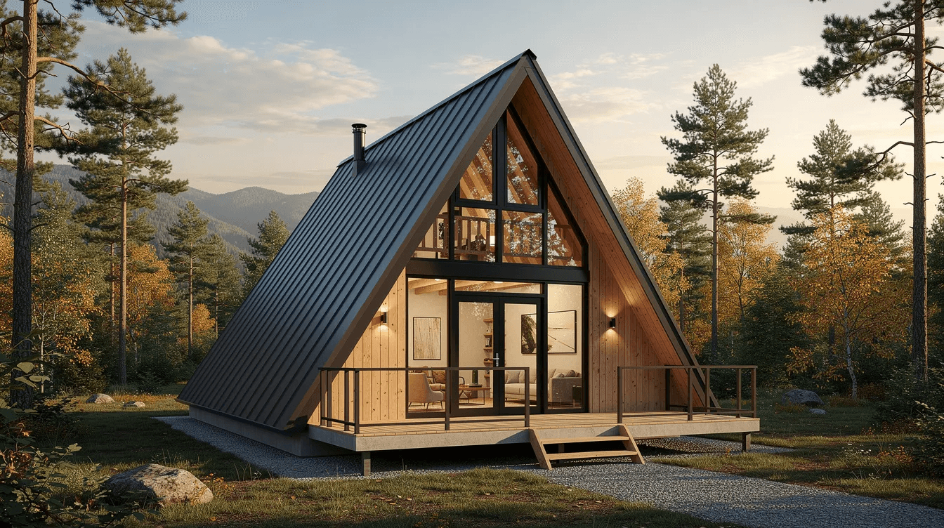 065f886694724077b0f85d901950ca66 The image depicts a charming A Frame kit home featuring a steeply pitched roof and large windows that allow natural light to flood the living space This cozy structure ideal for a vacation home or primary residence showcases a connection to nature with its inviting porch and efficient design