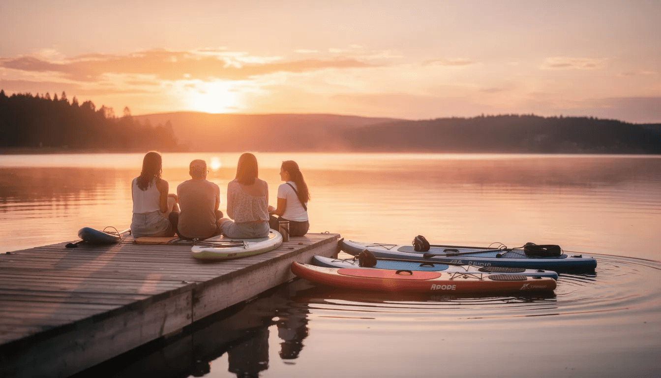 A serene sunset casts warm hues over a calm lake where people are sitting on a wooden dock enjoying the view with paddleboards nearby This peaceful scene captures the essence of relaxation found in the Orlando lakefront tiny house community perfect for a tranquil getaway