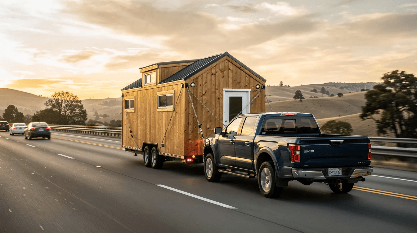 A tiny house on wheels is being transported on a highway behind a pickup truck showcasing its compact design and modern living features The house with its premium materials and full bathroom represents an affordable and stylish option for those seeking a dream home on the go