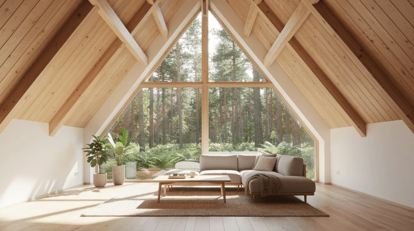074cd6806e674638a83a2dce3b8d49bb The image features a bright interior of a modern A frame house showcasing exposed wooden beams and a large triangular window that provides a stunning view of the surrounding forest The design emphasizes the triangular shape and natural materials creating a warm and inviting atmosphere