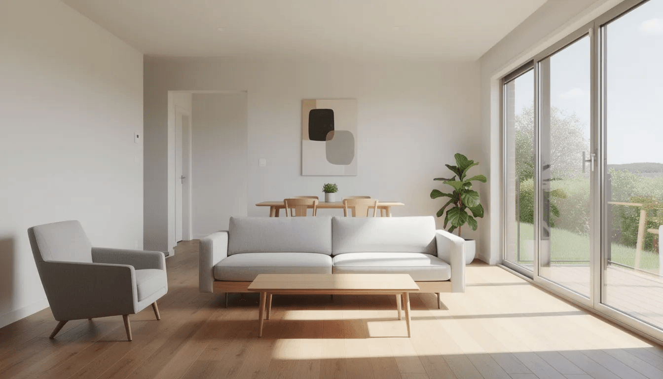 A bright open concept living room in a tiny home features large windows that flood the space with natural light complemented by minimal furniture for a clean and spacious feel This 600 sq ft area emphasizes a modern design making it ideal for a vacation home or guest house