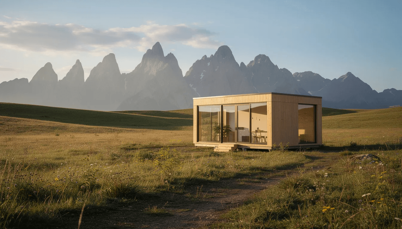 A cozy two bedroom portable cabin sits on scenic rural land surrounded by lush greenery and majestic mountains in the background The cabin features wood paneling and large windows that allow natural light to fill the comfortable interior making it an ideal retreat for vacation rentals or a tiny home lifestyle