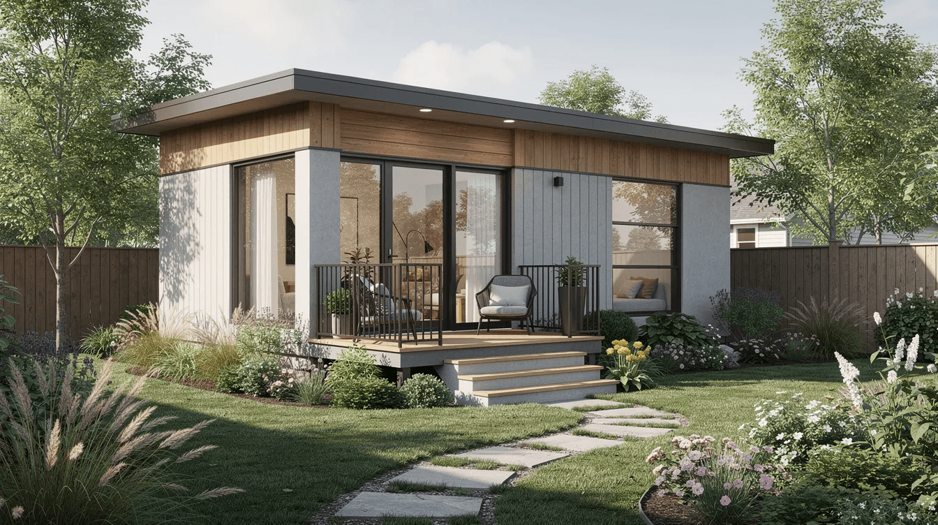 A modern backyard cottage features large windows and a small porch surrounded by lush landscaping showcasing an efficient design perfect for homeowners seeking accessory dwelling units for rental income or affordable housing options This stylish small home provides a cozy living area ideal for guests or as a private studio space