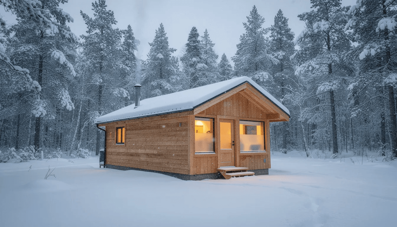 A small wooden tiny home designed with quality craftsmanship is nestled in a snowy Canadian forest clearing surrounded by tall pine trees This sustainable living space embodies a modern lifestyle perfect for families and individuals seeking a cozy retreat in nature