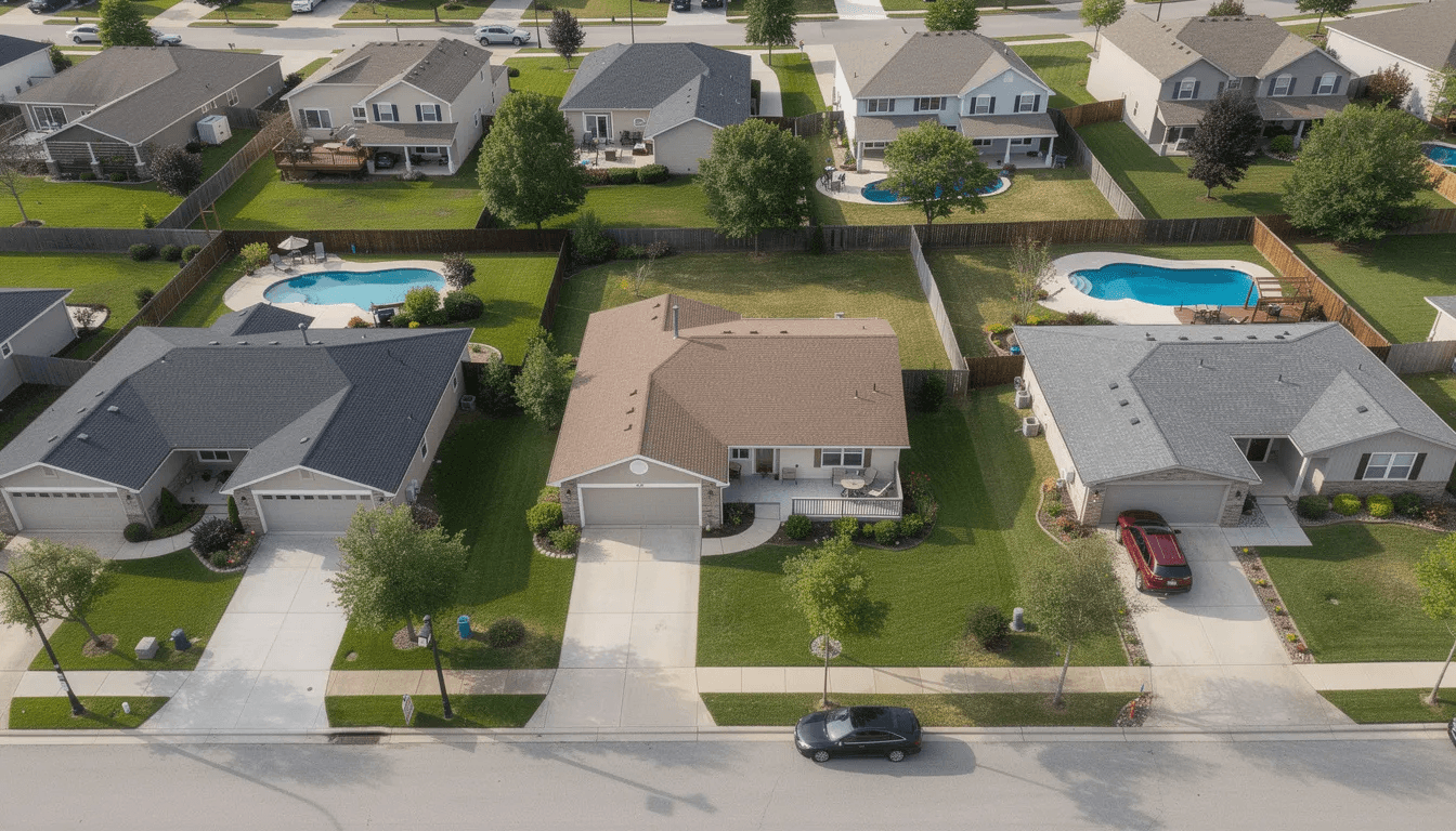 An aerial view showcases a suburban neighborhood filled with ranch style homes each featuring attached garages and beautifully landscaped backyards ideal for young families The single story layout of these ranch houses promotes seamless indoor outdoor living with large windows allowing natural light to flood the spacious living areas