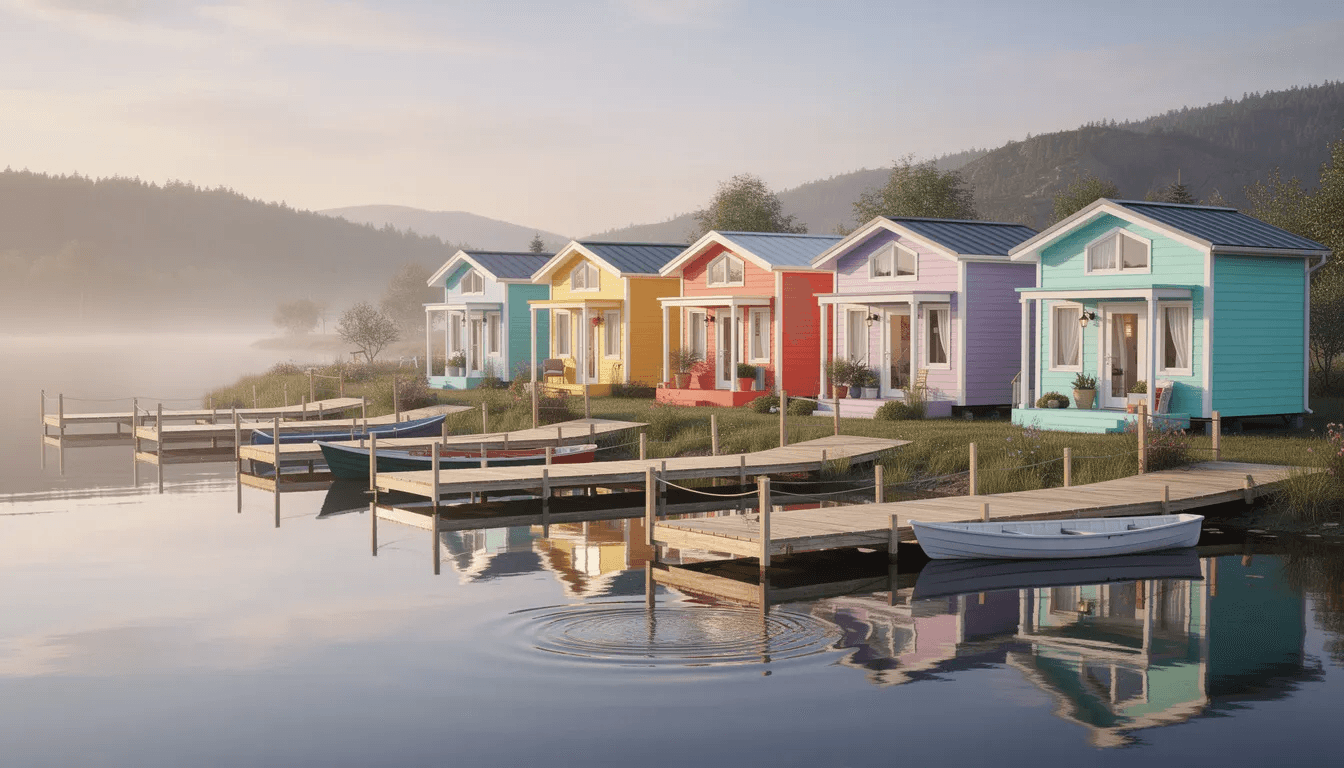 The image depicts a vibrant tiny house community along the Orlando lakefront featuring colorful tiny homes neatly lined up beside calm waters with small docks extending into the lake This picturesque scene showcases a tranquil living environment ideal for those looking to own a tiny house in a serene setting