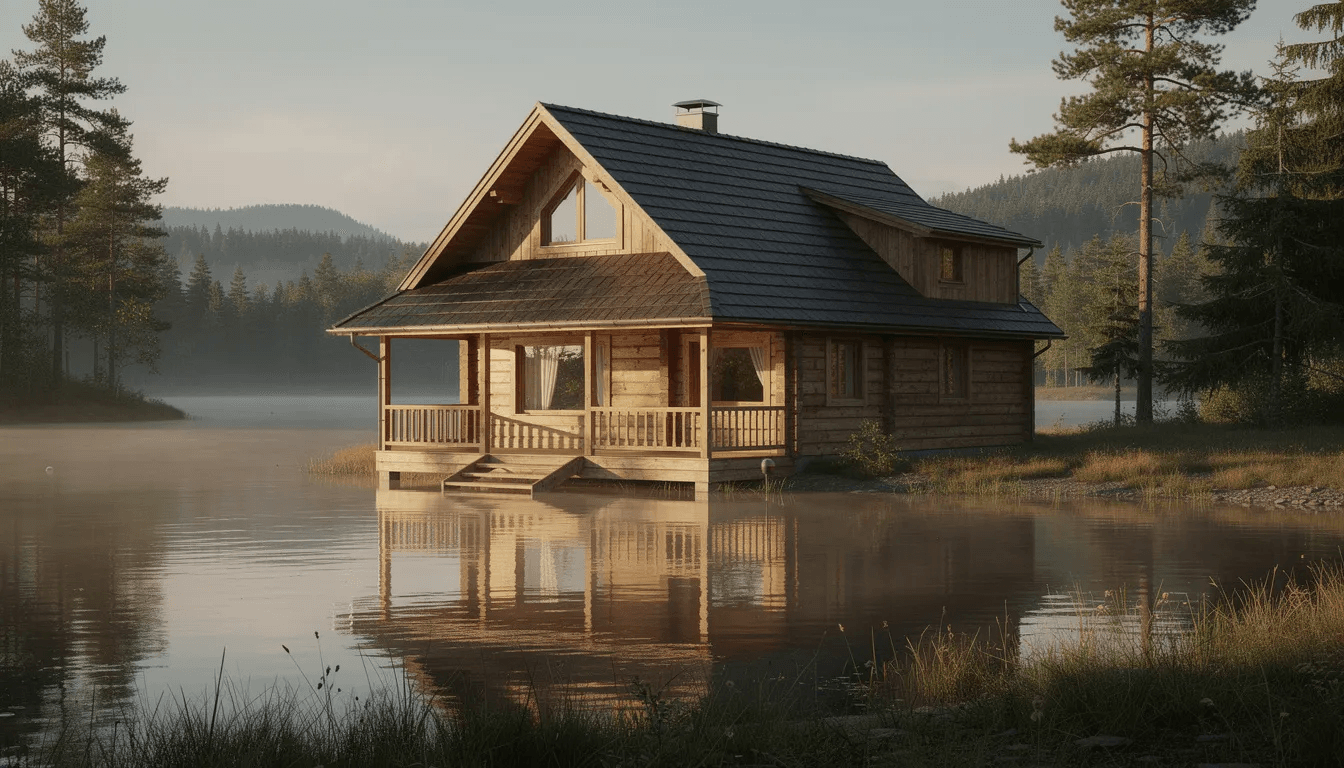 A charming log cabin with a steep gable roof and a wraparound porch sits beside a serene lake embodying the perfect dream cabin for a vacation home This cozy structure offers a glimpse of the simple life ideal for families looking to enjoy extra space in nature