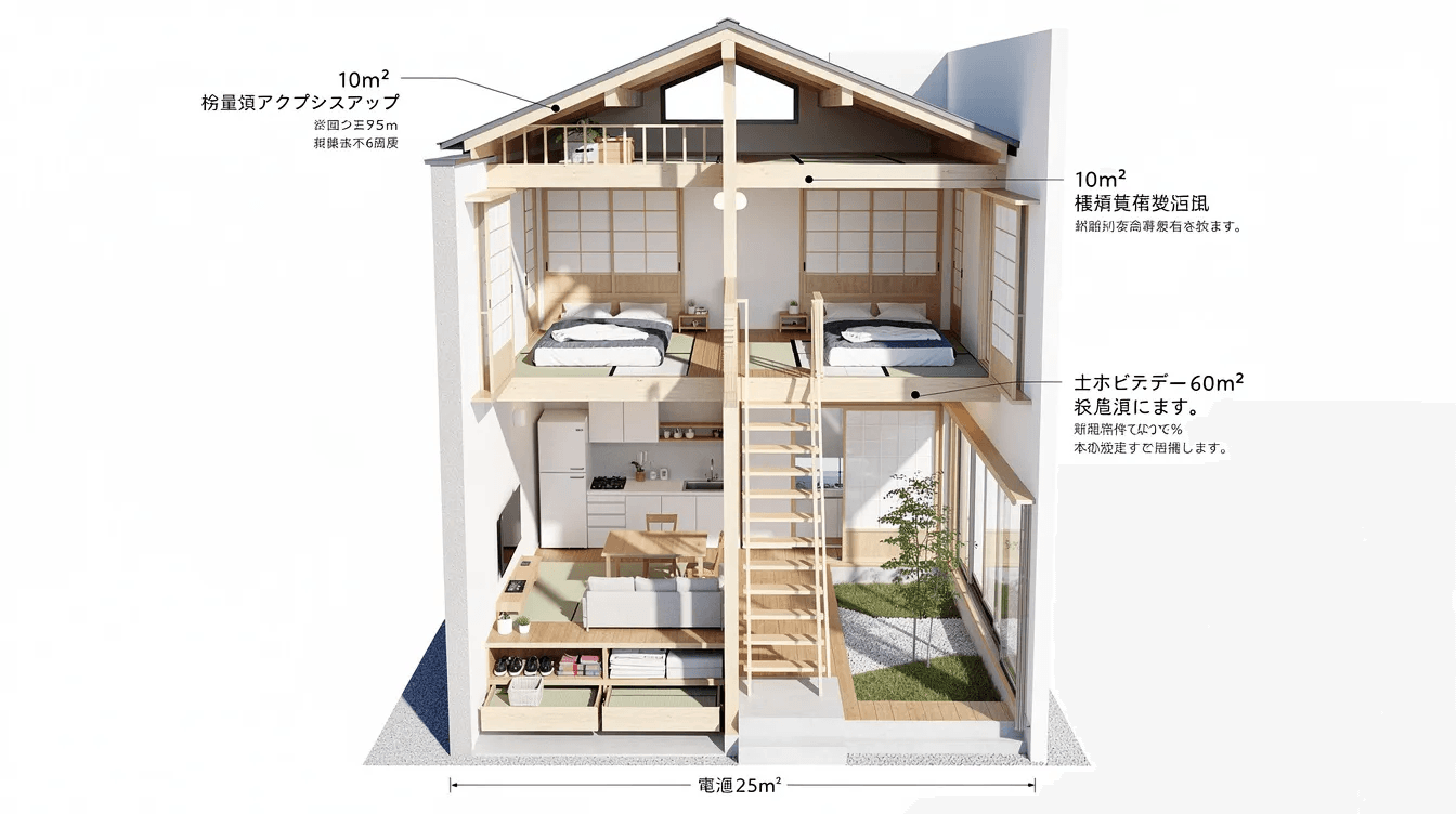 The image depicts a thoughtfully designed Japanese style small house showcasing an open plan living and dining area that seamlessly connects to a compact kitchen The layout emphasizes functionality with transformable rooms maximizing space for a young family while incorporating natural light and minimalist features throughout the residence