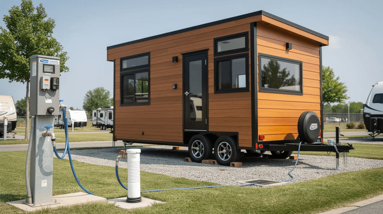 A tiny house on wheels is parked at a campground showcasing visible utility connections and a serene outdoor setting This scene reflects the growing interest in tiny living and the various tiny house parking options available in Rhode Island and beyond